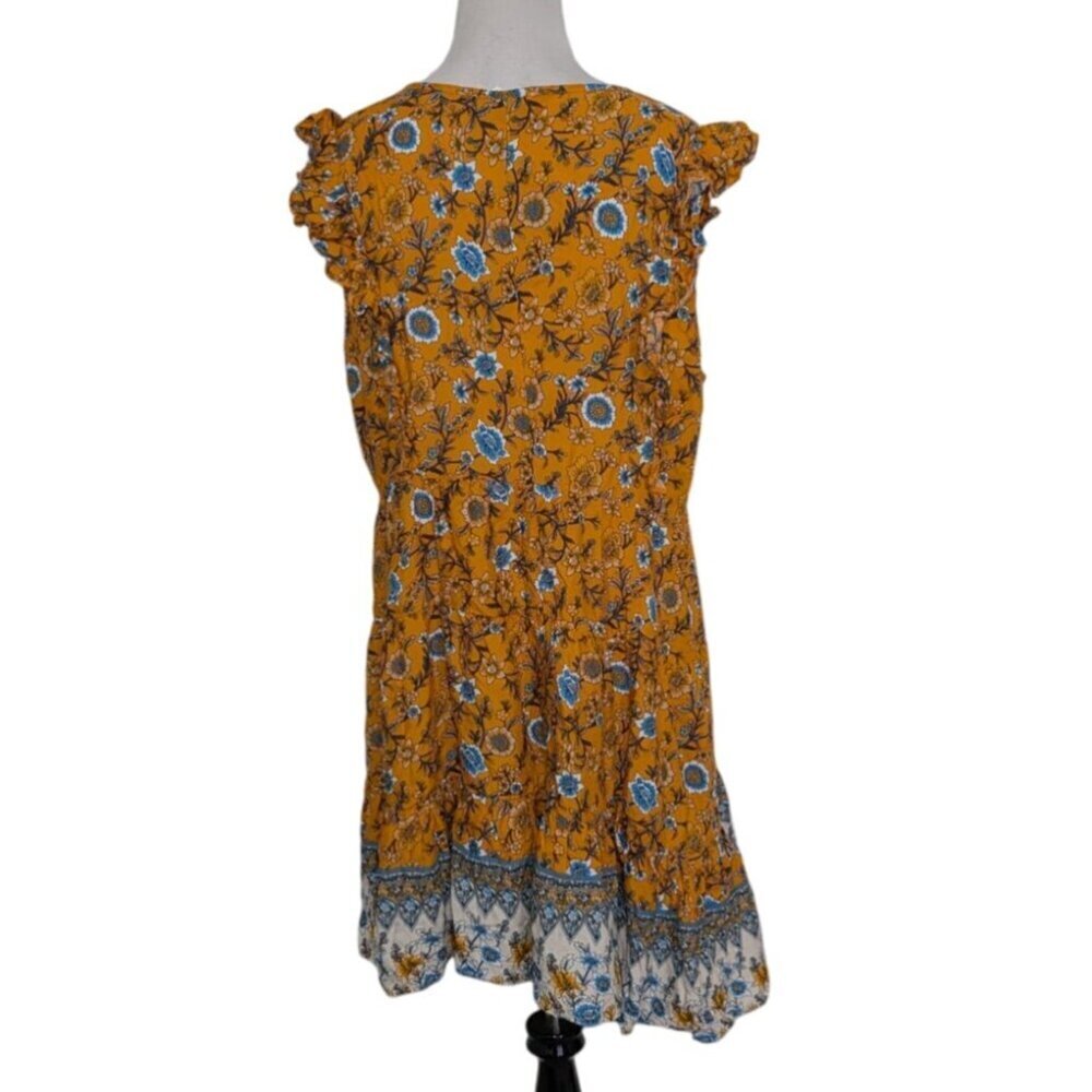 Umgee Floral Dress Womens Size Large Yellow Flutter Sleeve Contrast Hem Pullover - Picture 7 of 10